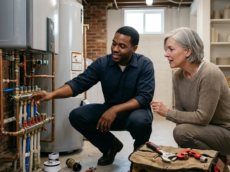 Plumber showing a homeowner the copper and PEX manifold beside a tank water heater in a basement