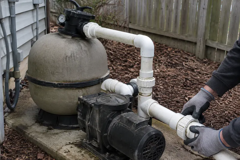 Gloved hands tightening a union fitting on the white PVC plumbing beside a pool pump and sand filter