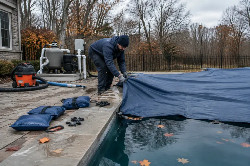 Technician stretching a navy winter cover over a pool in late October with water bags, leaves and a shop vac beside the equipment pad