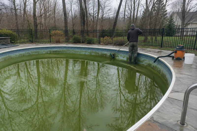 Technician in waders brushing the wall of a backyard pool full of algae-green water in early spring, with a shop vac and bucket on the stone deck
