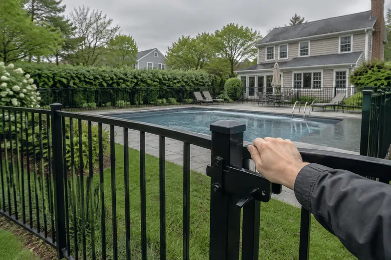 Hand resting on the self-closing gate of a black metal safety fence around a backyard pool