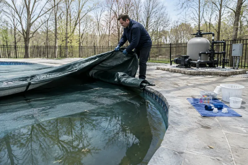 Technician folding back a winter safety cover from a New England backyard pool in April, with the sand filter and a test kit on a towel nearby
