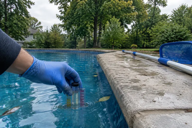 Gloved hand dipping a water test kit into a backyard pool beside the coping, with a leaf skimmer pole resting on the deck