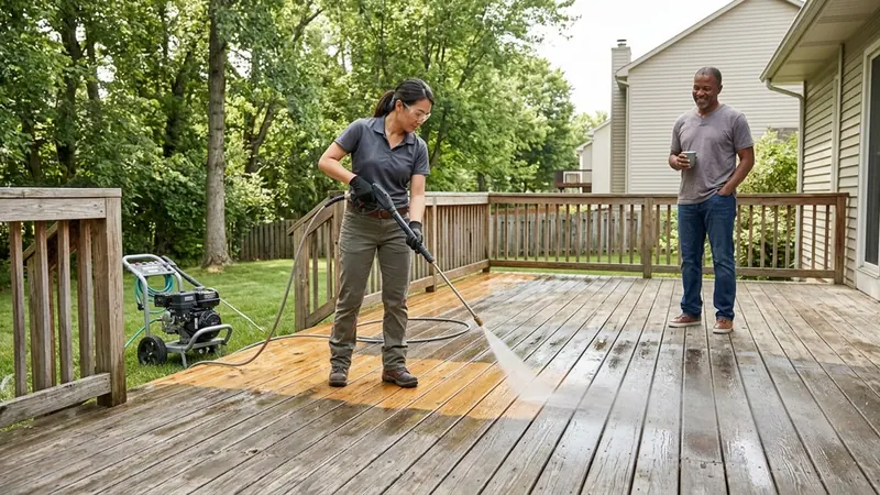 Technician pressure washing a wood deck in sections while a homeowner looks on