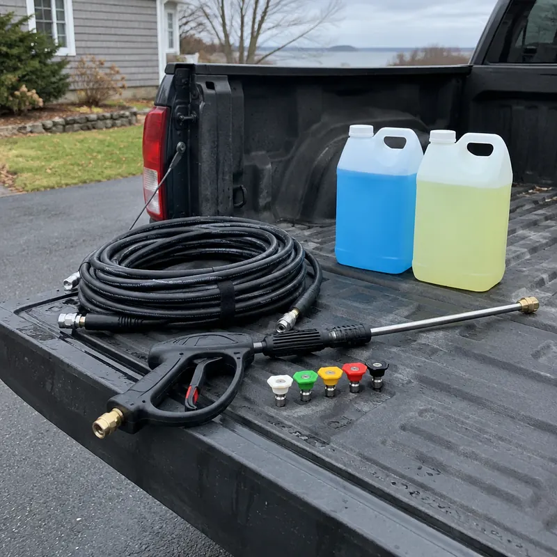 Pressure washer hose, spray gun with lance, colored nozzle tips and two jugs of cleaner laid out on a pickup tailgate