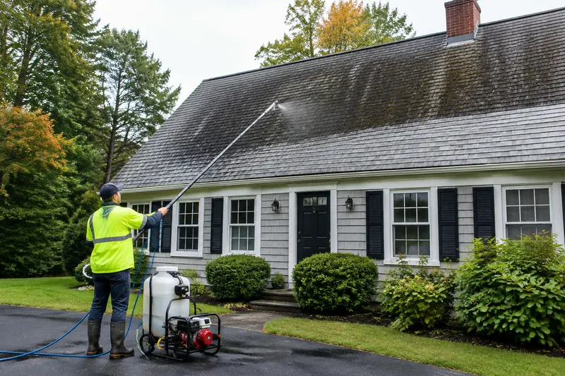 Technician standing on the ground soft washing an algae-streaked shingle roof with a telescoping wand and a soft wash tank