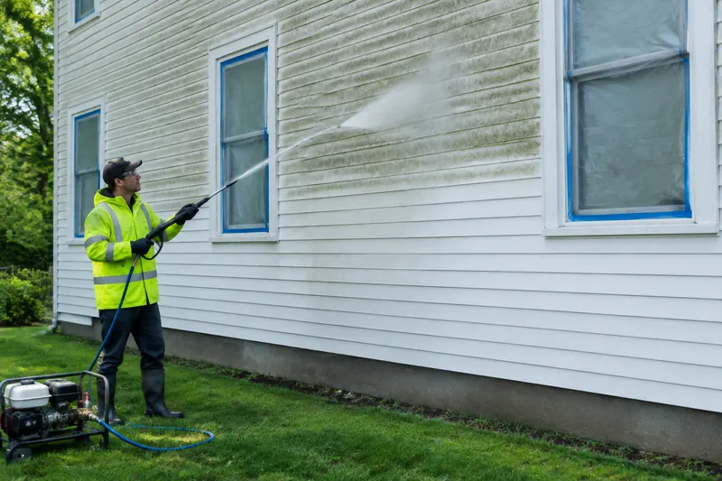 Technician soft washing mildew-streaked vinyl siding with a low-pressure fan from an extension wand, windows taped