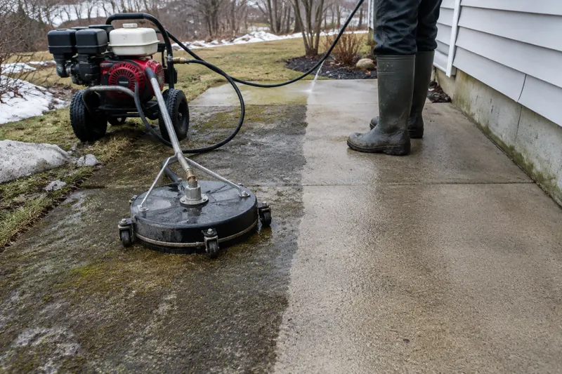 Early-spring job: a surface cleaner half-way across a moss-stained concrete walkway beside a house, with patches of old snow still on the lawn