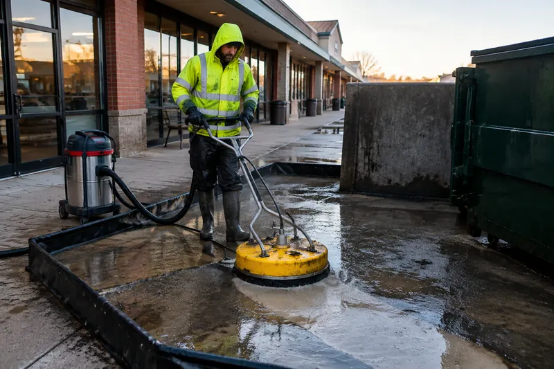 Technician cleaning a storefront dumpster pad with a surface cleaner inside a containment berm with a wet vacuum