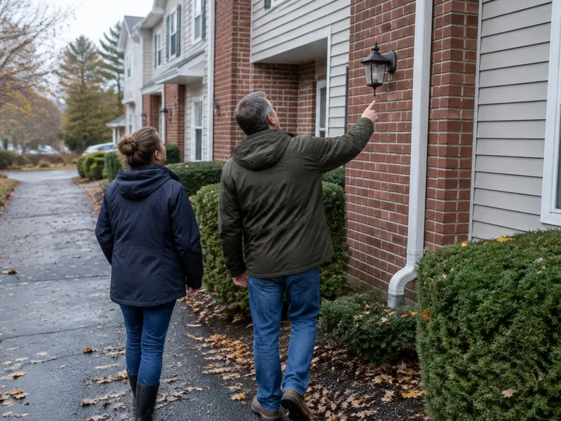 Two people in fall jackets seen from behind walking along a condo complex while one points up at a downspout and an exterior light