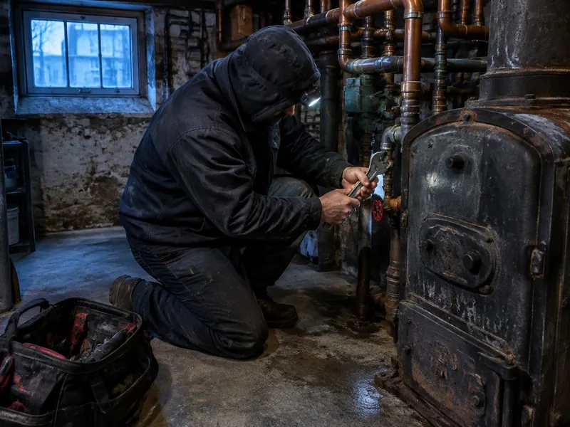Technician in a hooded jacket and headlamp kneeling in a basement boiler room, adjusting a valve on an old cast iron boiler with a wrench