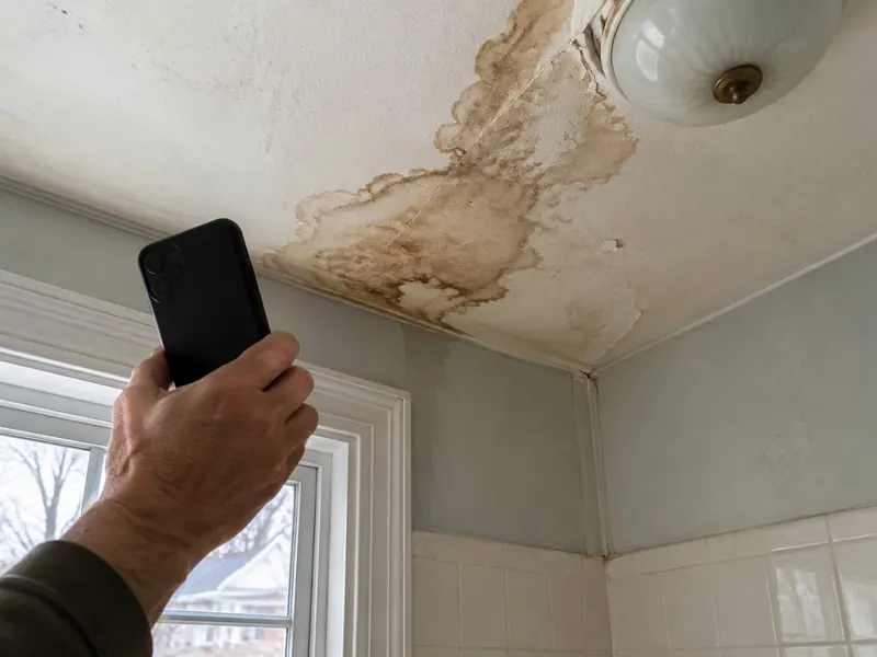 Hand holding a phone up to photograph a brown water stain spreading across an apartment bathroom ceiling beside the light fixture