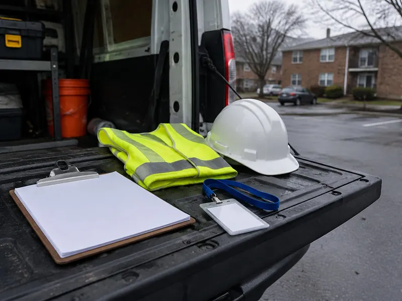 Blank clipboard, hi-vis vest, hard hat and blank ID badge on the open tailgate of a white work van in an apartment complex parking lot