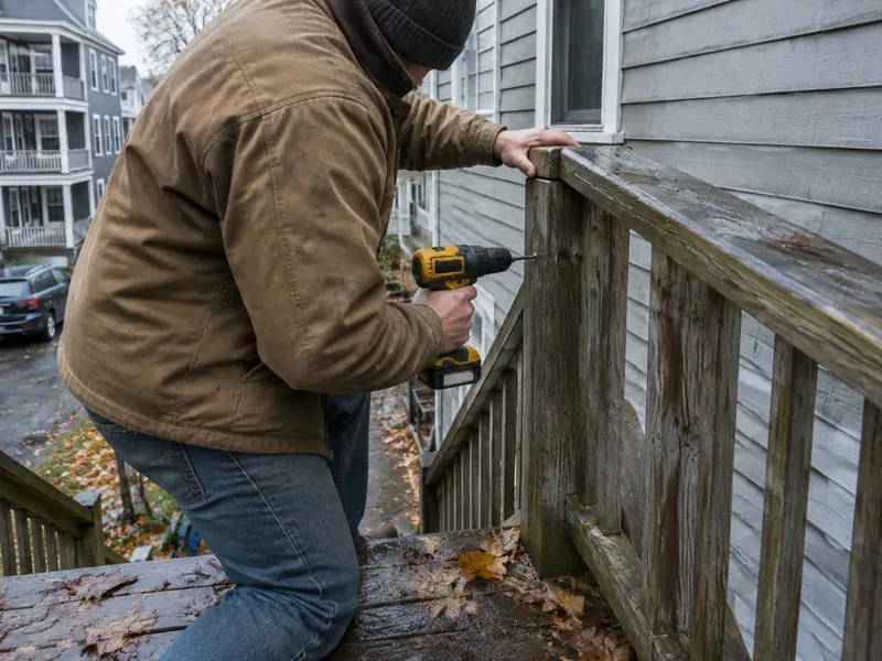 Technician in a canvas jacket tightening a loose wooden railing on the back stairs of a three-decker with a cordless drill, wet leaves on the steps