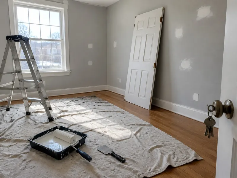 Empty apartment bedroom mid-turnover with a drop cloth on the hardwood, paint roller in a tray, a ladder, spackle knife and a ring of keys on the doorknob