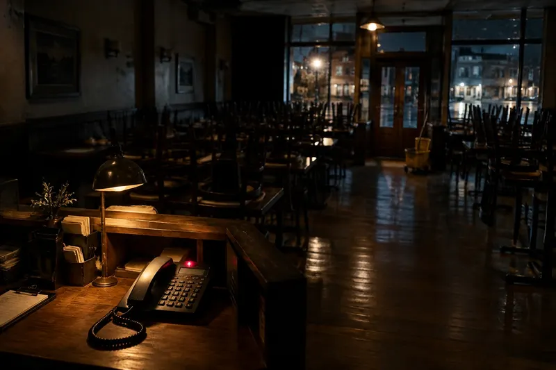 A dark empty dining room after closing with a lit phone on the host stand
