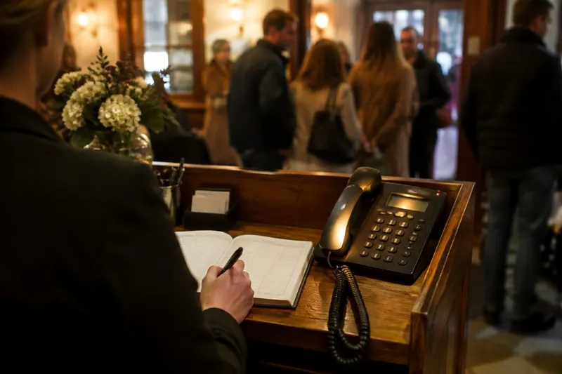 A host writing in a reservation book at a wooden stand with a ringing phone while guests wait by the door