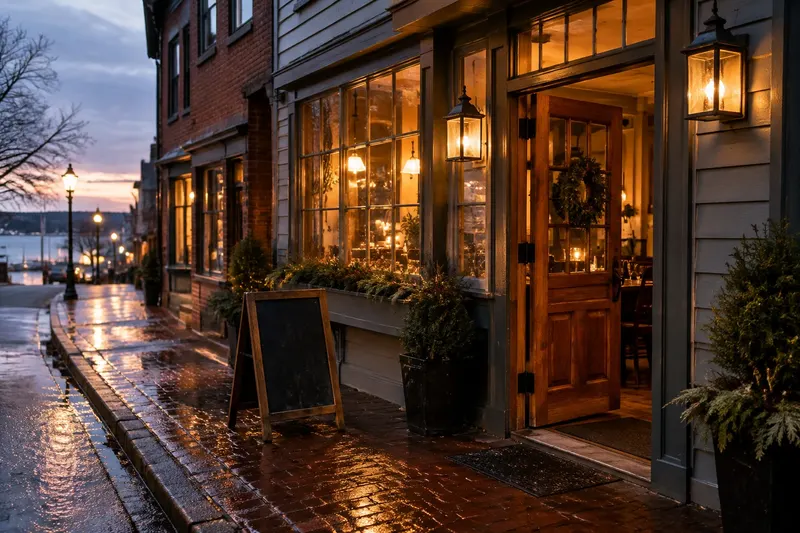 Warm light from the open door and windows of a brick New England restaurant at dusk