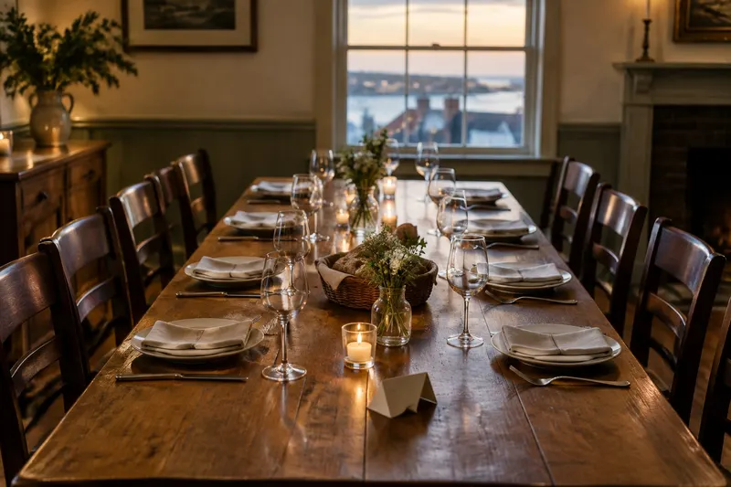 A long wooden table set for eight with candles and linen napkins