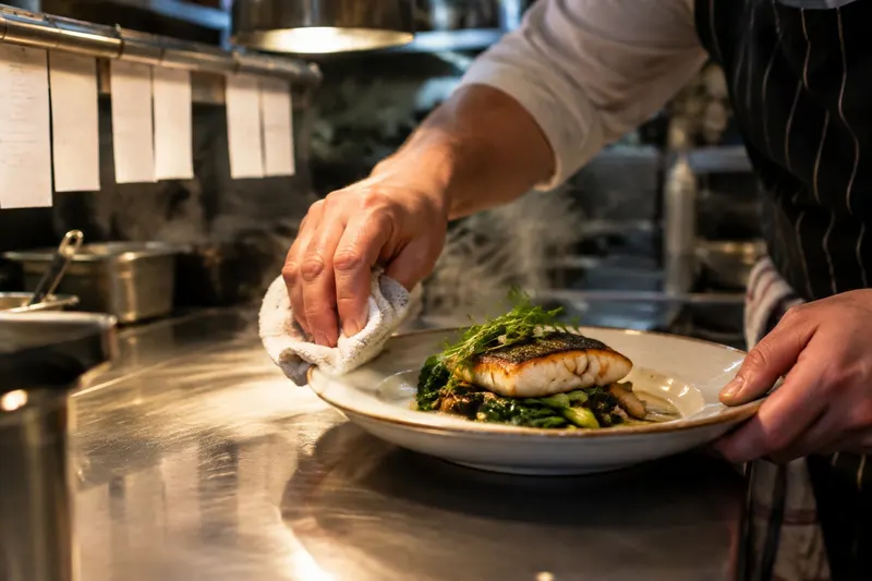 A chef wiping the rim of a plated fish dish at the kitchen pass