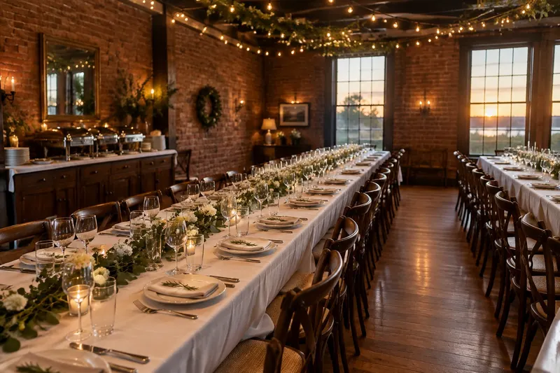 A private dining room set with long linen tables and string lights for a celebration