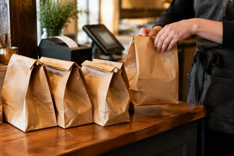 A row of paper takeout bags on a restaurant counter with a hand placing another