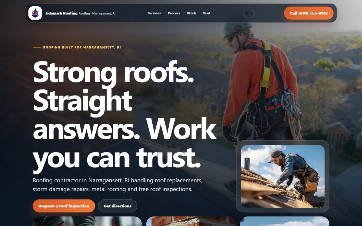 Desktop view of the Tidemark Roofing sample website: a dark charcoal hero with the headline Strong roofs. Straight answers. Work you can trust., a roofer in a harness on a roof, and an orange Request a roof inspection button