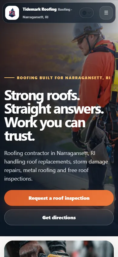 Mobile view of the Tidemark Roofing sample website showing the same hero with a Request a roof inspection button and a Get directions button