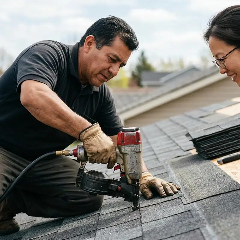 Roofer nailing asphalt shingles on a pitched roof