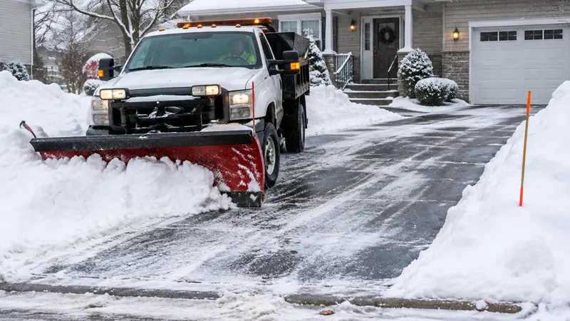White plow truck pushing a wedge of snow up a cleared driveway past marker stakes