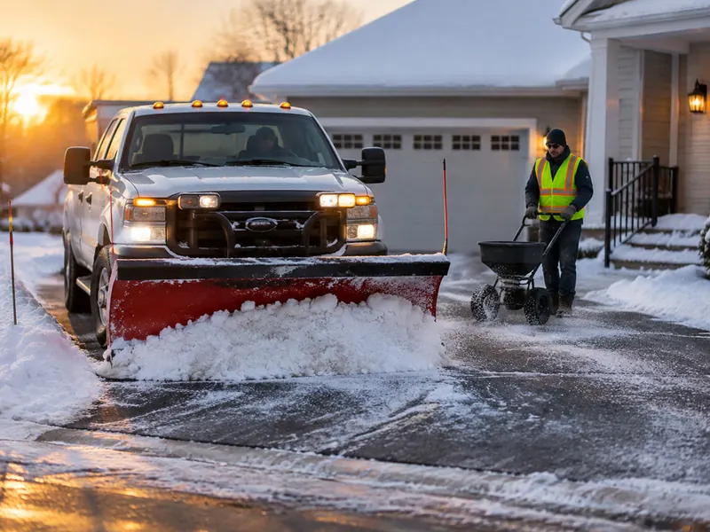 Plow truck with its beacons on at sunrise while a crew member walks a salt spreader across a cleared driveway