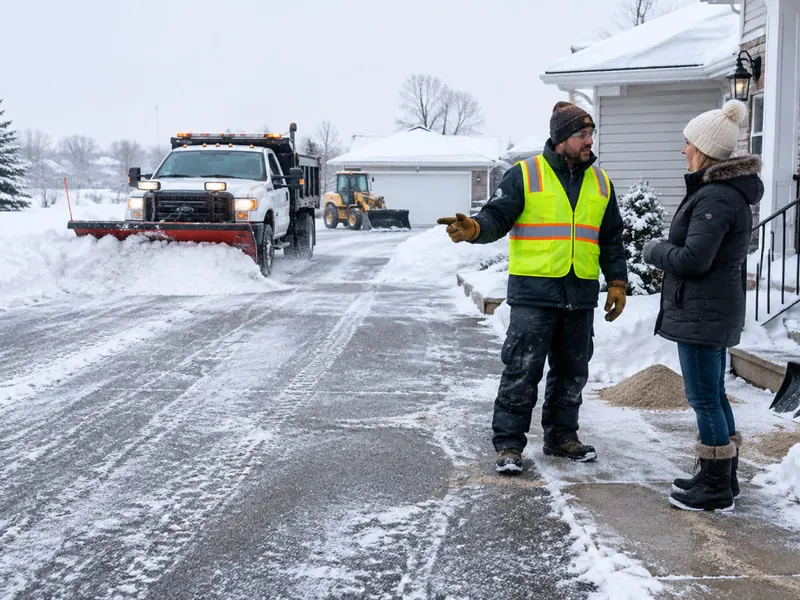 Plow operator in a hi-vis vest talking with a homeowner on a freshly cleared street