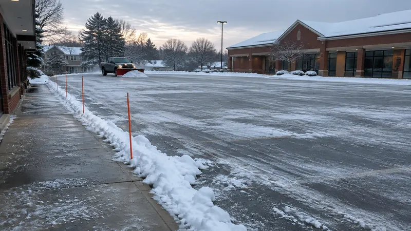 Plow truck pushing snow across a commercial parking lot at dawn beside a brick plaza, with a salted sidewalk and orange stakes in the foreground