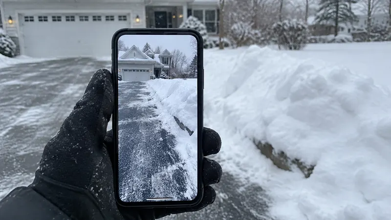 Gloved hand holding a smartphone up to photograph a plowed snowbank and driveway in front of a house