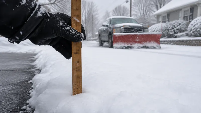 Gloved hand holding a wooden yardstick upright in fresh snow beside a driveway, with a plow truck parked on the street behind