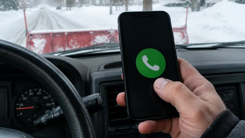 Hand about to tap a green call button on a phone held in a plow truck cab, with the red plow blade and a snowy street beyond the windshield