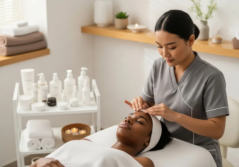 Esthetician performing a facial on a relaxed client in a bright treatment room with skincare products and candles