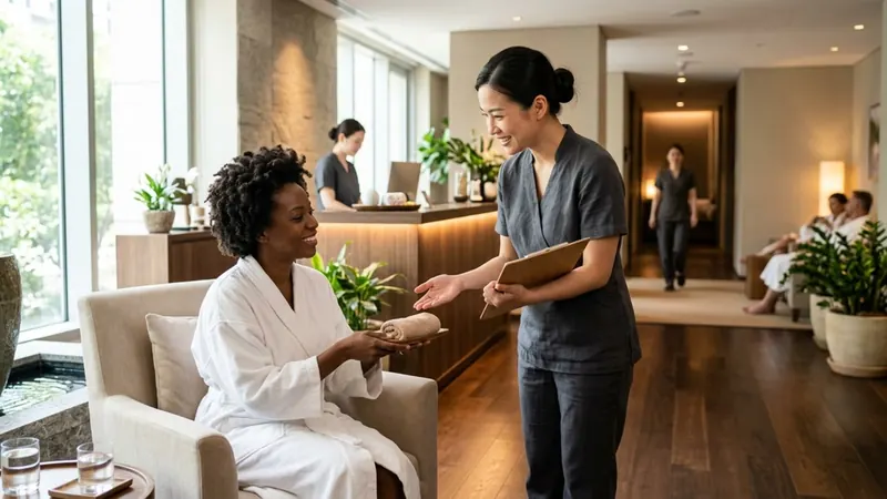 Spa relaxation lounge where a guest in a robe is handed a rolled towel near a lit reception desk