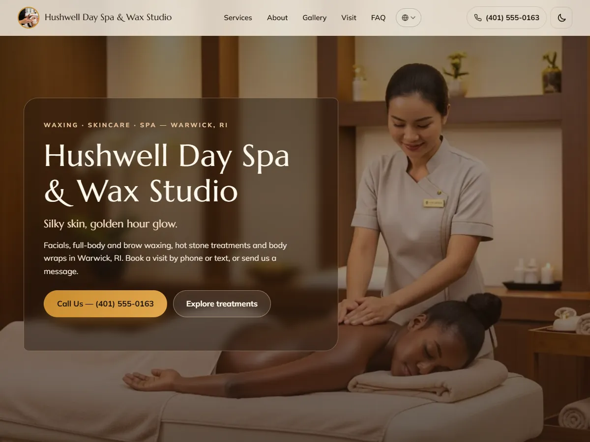 Desktop view of the Hushwell Day Spa & Wax Studio sample website