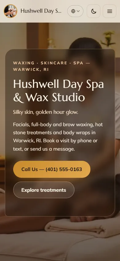 Mobile view of the Hushwell Day Spa & Wax Studio sample website