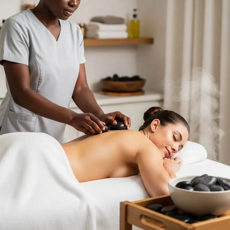 Therapist placing a warm basalt stone on a client's back with a bowl of stones and rising steam