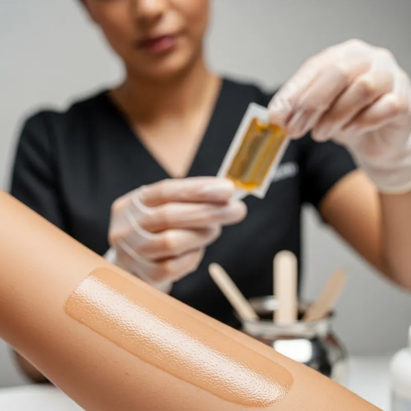 Gloved hands holding a ready-to-use wax strip beside a client's arm, waxing prep detail
