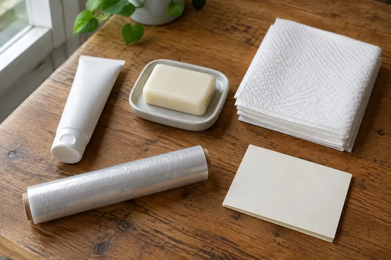 Flat lay on a wooden bench of plain aftercare supplies: an unlabelled tube, a bar of soap on a dish, folded paper towels, clear wrap film and a blank folded card