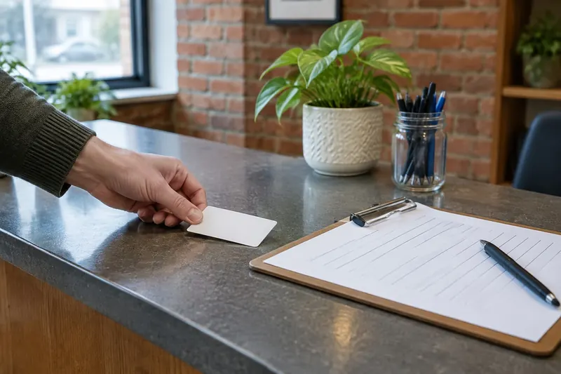 A hand sliding a plain blank card across a studio reception counter toward a clipboard with an empty ruled form and a pen