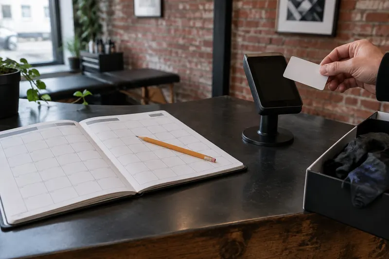 A tattoo studio front counter with an open blank paper appointment calendar, a pencil, a card reader on a stand and a hand holding a plain card toward it