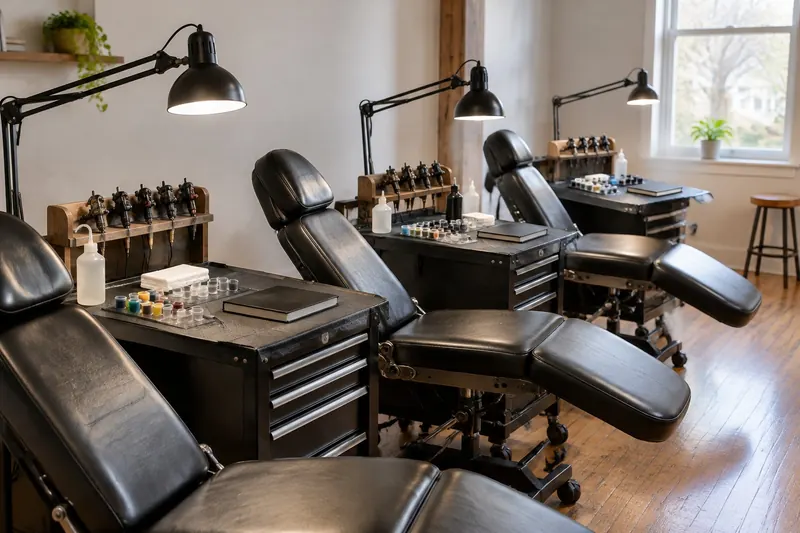 Three tattoo artist stations in a row in a bright studio, each with its own lamp, machine rack and ink caps, and an empty reclining chair