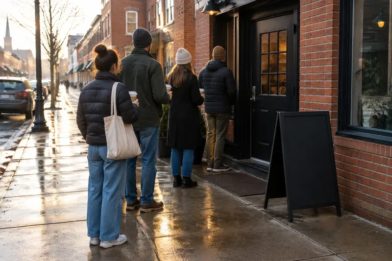 Four people waiting in a loose line with coffee cups at the dark door of a brick studio on a wet New England street in morning light, a blank A-frame board beside the door