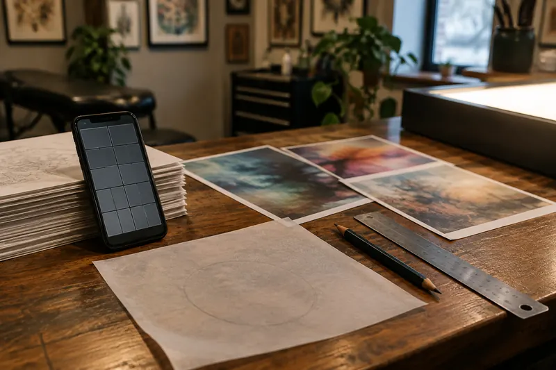 A phone showing a blank photo grid propped beside printed reference photos, a sheet of tracing paper with a faint pencil outline, a ruler and a pencil on a studio counter