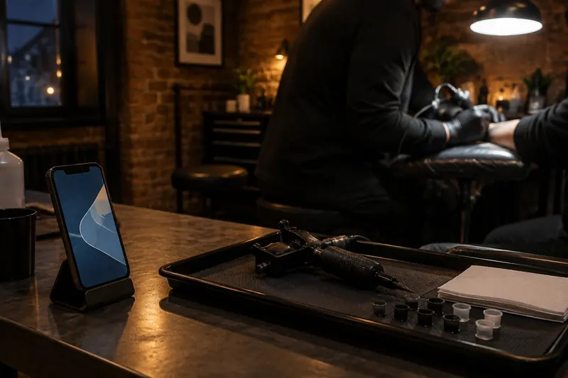 A smartphone glowing in a stand on a studio counter beside a tray with a tattoo machine and ink caps, while an artist in black works on a client's arm in the dim background