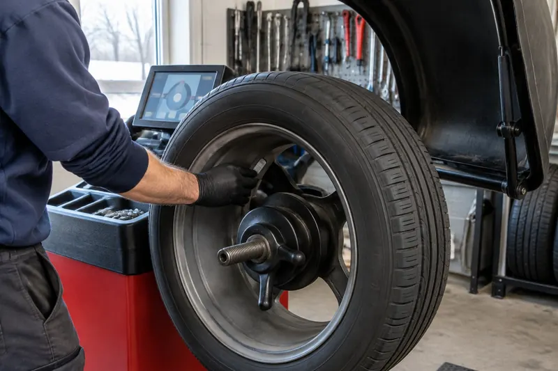 A technician pressing a stick-on balancing weight onto the inside of a wheel mounted on a balancing machine